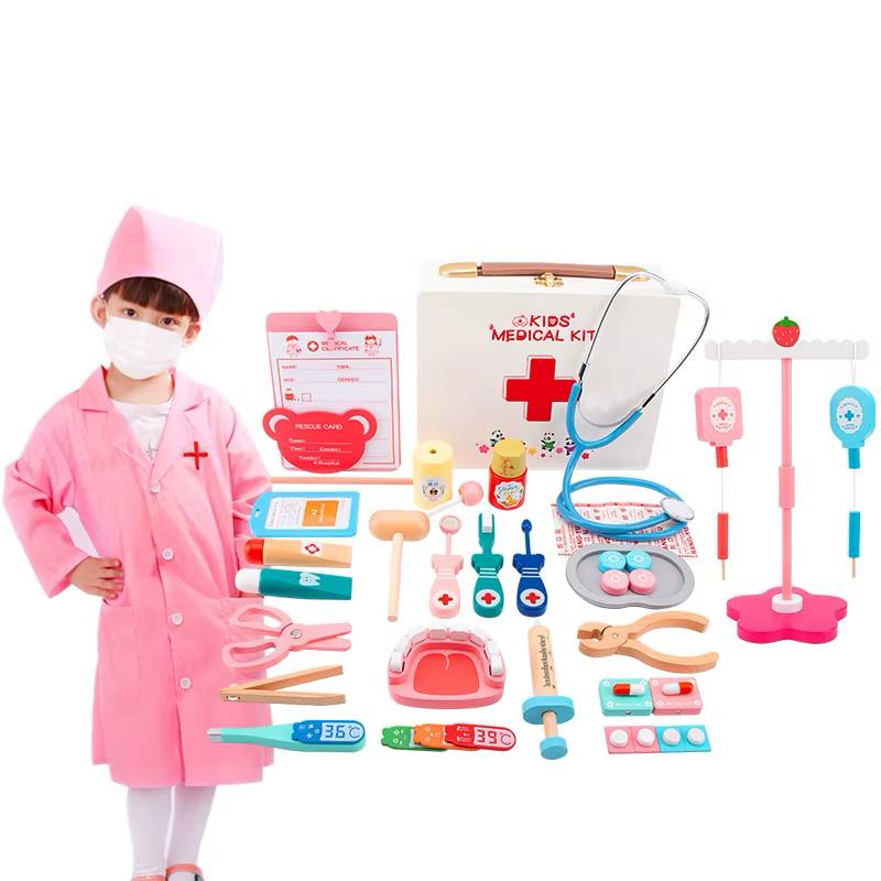 Wooden Pretend Play Doctor Educational Toys for Children Medical Simulation Medicine Chest Set for Kids Role Playing Pretend Toy